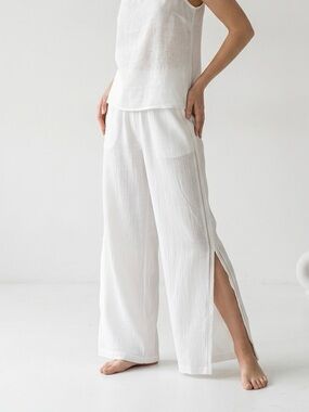 Aerie White Linen-Blend Split Leg Pants | Coastal Chic | M